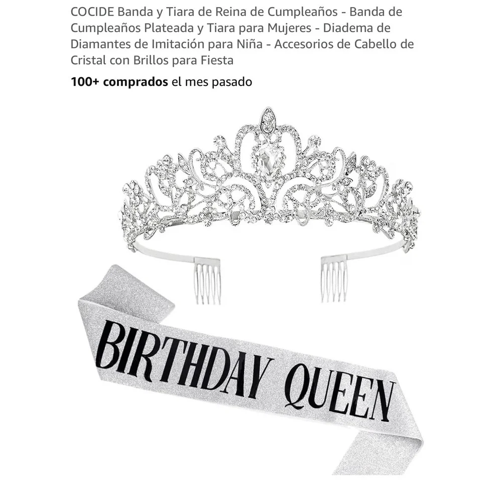 COCIDE Birthday Queen Silver Tiara Rhinestone Crown and Glitter Sash Set New